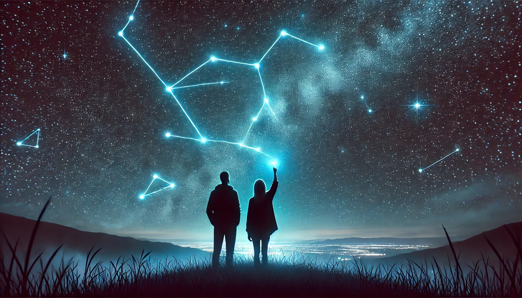Two people looking at a constellation under a night sky
